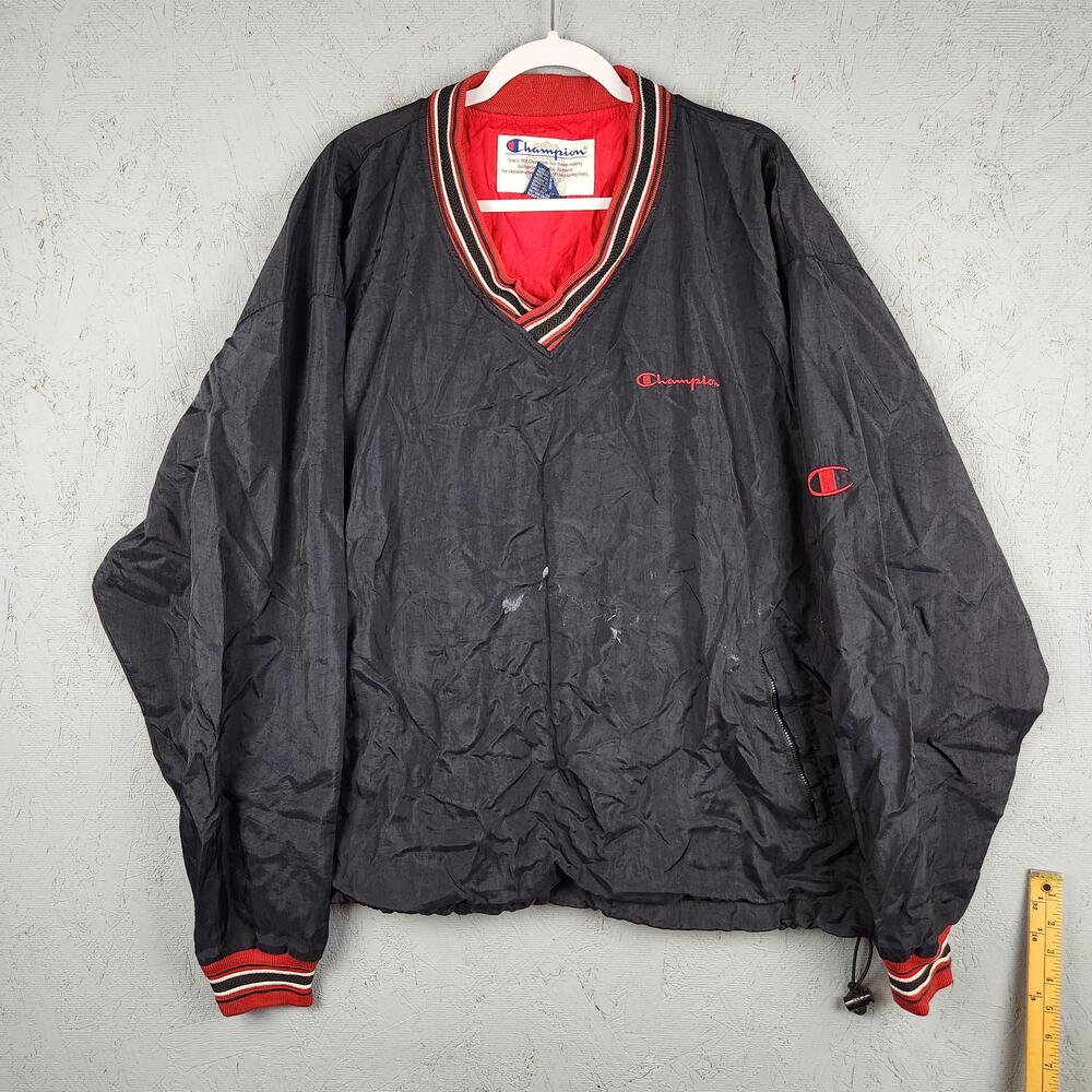 Vintage Champion Jacket Mens XL Black Red V Neck Pullover Windbreaker 90s Logo